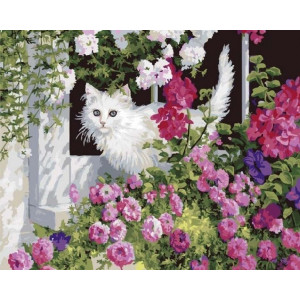 Картина по номерам "Белая кошечка в саду"