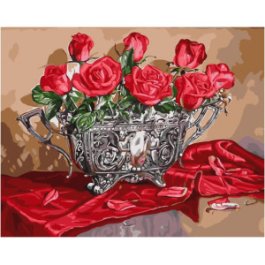 Картина по номерам "Алые розы на шелковой скатерти"