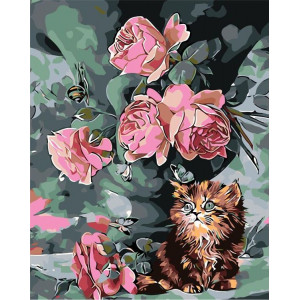 Картина по номерам "Котёнок под букетом цветов"