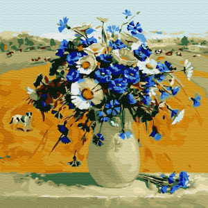 Картина по номерам "Ромашки с васильками в вазе"