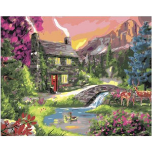 Картина по номерам "Рассвет у домика в предгорье"