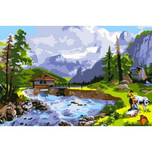 Картина по номерам "Будиночок біля гірської річки"