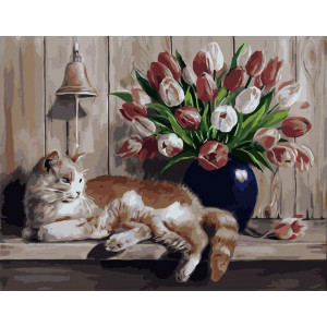 Картина по номерам "Кот и тюльпаны"