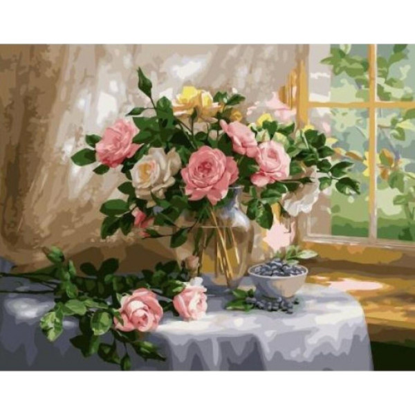Картина по номерам "Букет роз с голубикой"