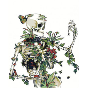 Картина по номерам "Скелет с цветами и пауком"