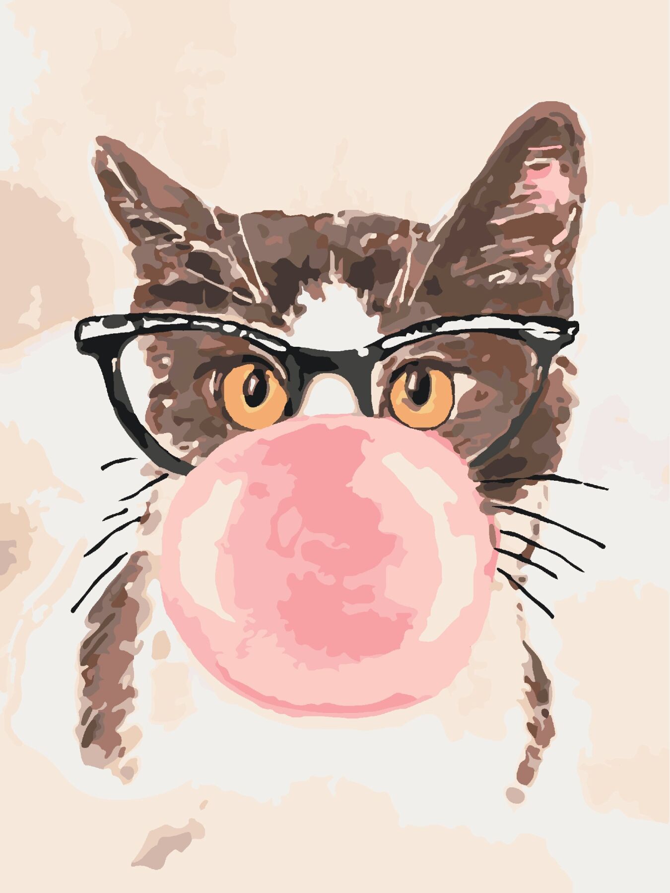 Кот бабл. Кот с жвачкой. Забавные рисунки акварелью. Постер кот в очках. Кот в розовых очках.